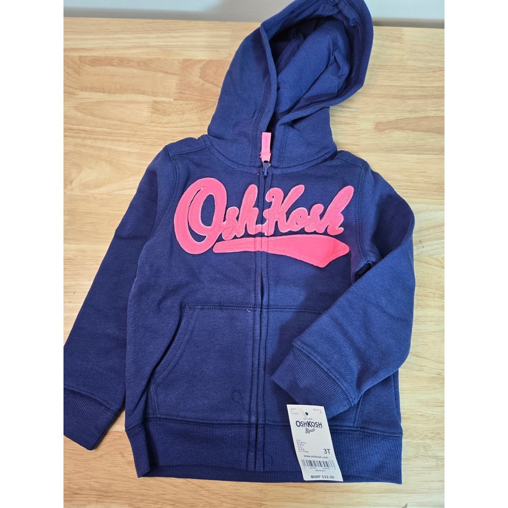OshKosh Bgosh Girls Navy Blue Pink Glitter Logo Full Zip Hoodie Sweatshirt 3T